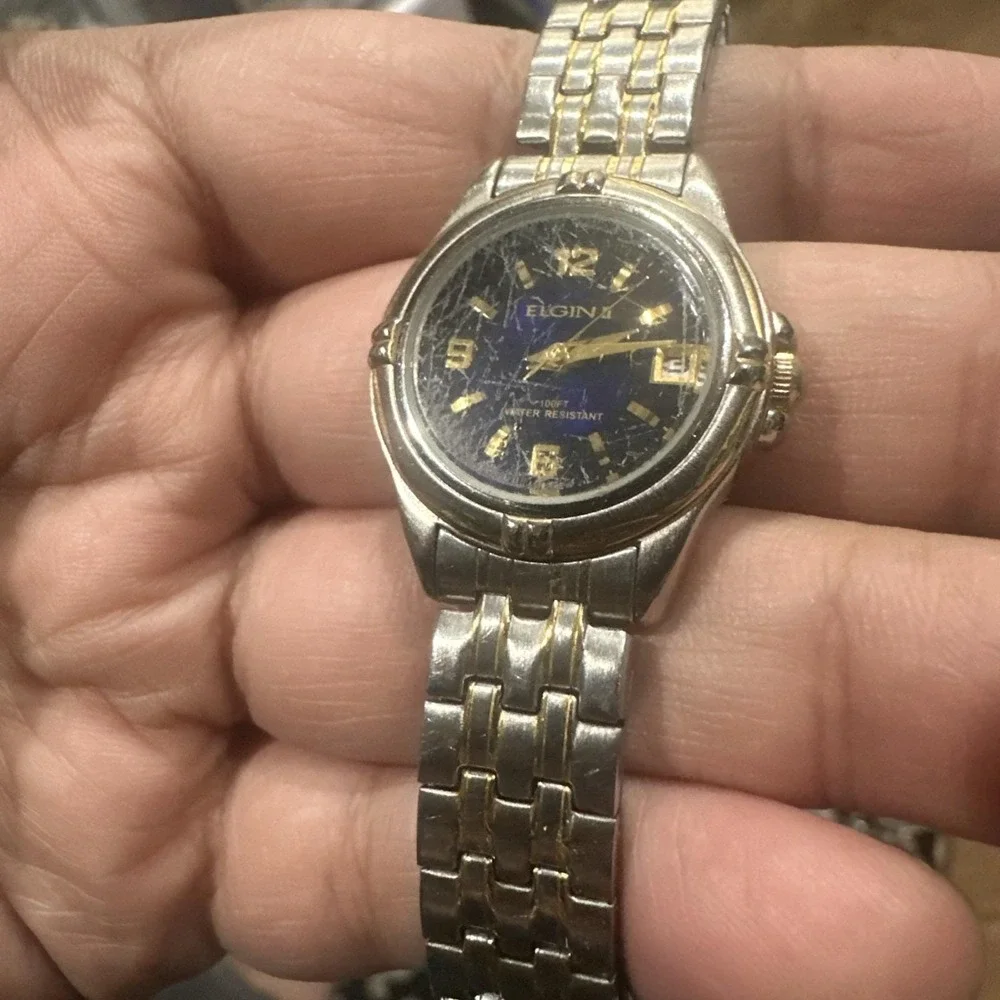 Works Eligin Two Tone‎ Quartz Watch Blue Dial  Women's Stretch Band 26mm Fit 7.5